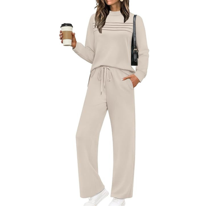 Two Piece Travel Ready Lounge Outfit With Long Sleeve Top And Loose Pants For Women