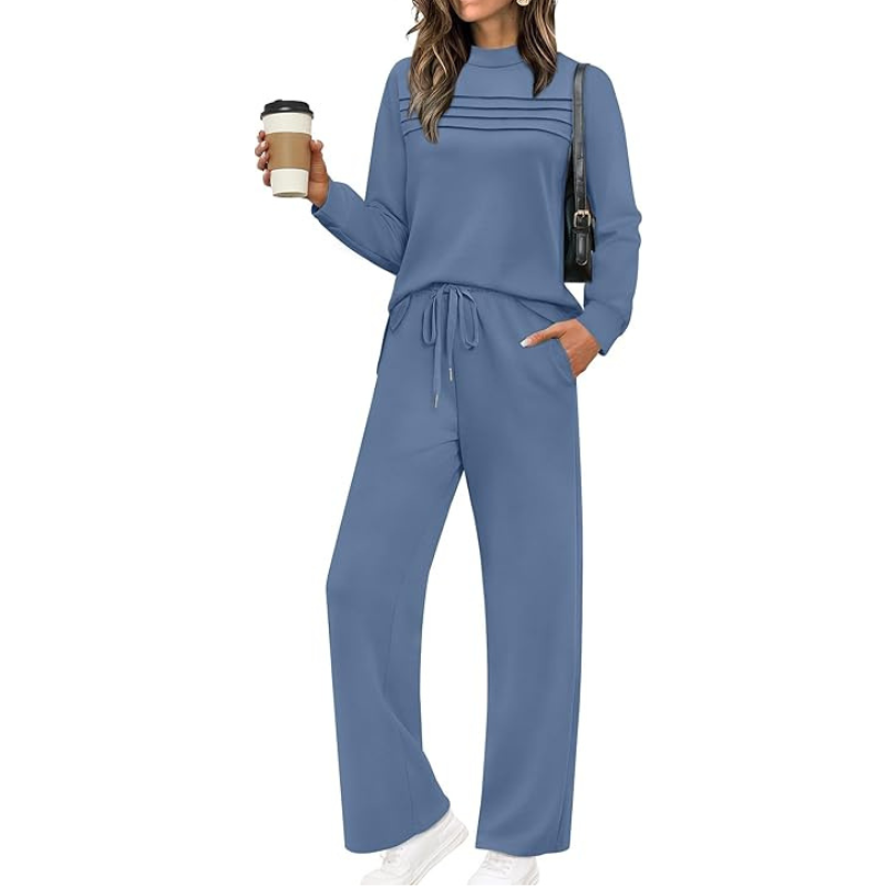 Two Piece Travel Ready Lounge Outfit With Long Sleeve Top And Loose Pants For Women