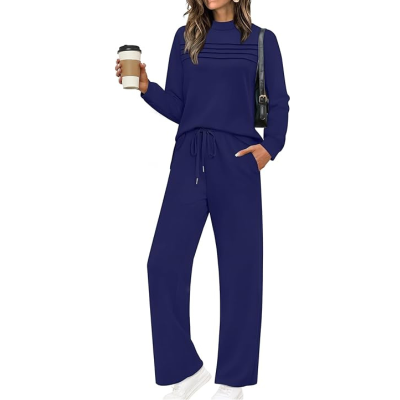 Two Piece Travel Ready Lounge Outfit With Long Sleeve Top And Loose Pants For Women