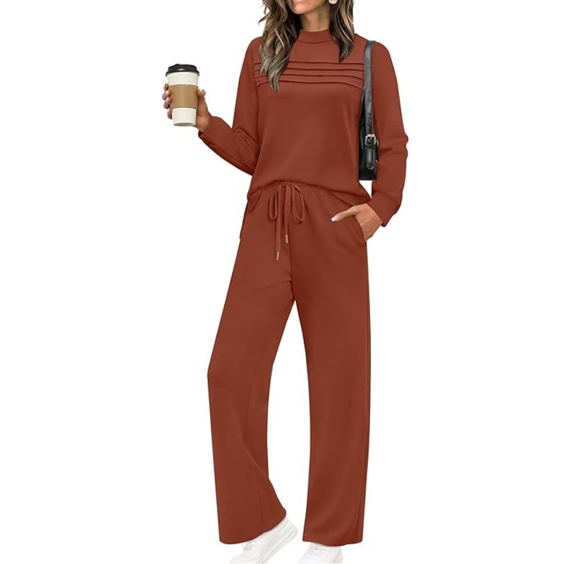 Two Piece Travel Ready Lounge Outfit With Long Sleeve Top And Loose Pants For Women