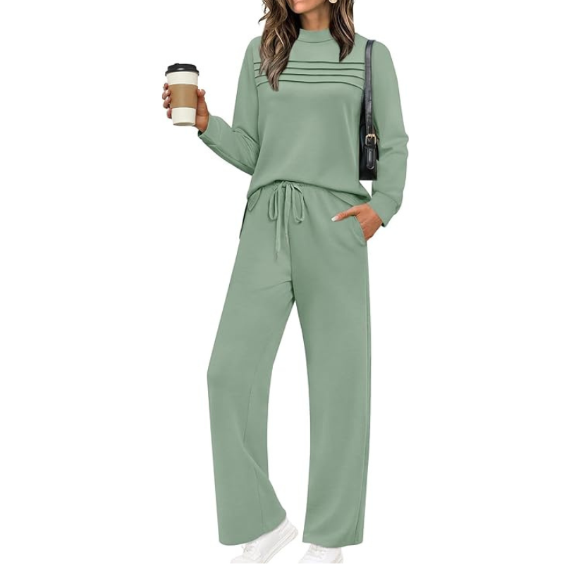 Two Piece Travel Ready Lounge Outfit With Long Sleeve Top And Loose Pants For Women
