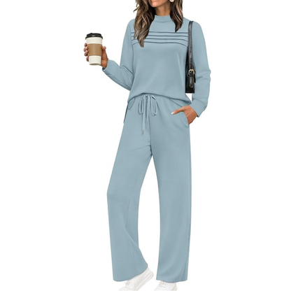 Two Piece Travel Ready Lounge Outfit With Long Sleeve Top And Loose Pants For Women