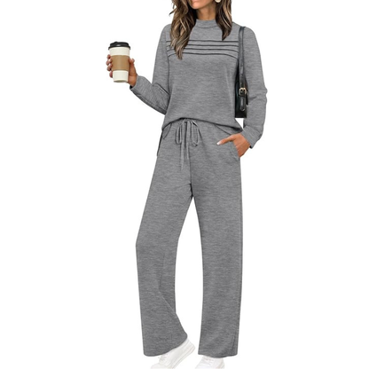 Two Piece Travel Ready Lounge Outfit With Long Sleeve Top And Loose Pants For Women