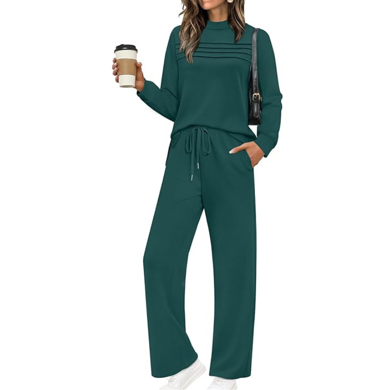 Two Piece Travel Ready Lounge Outfit With Long Sleeve Top And Loose Pants For Women