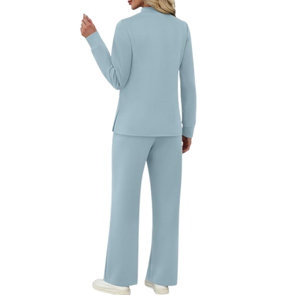 Two Piece Travel Ready Lounge Outfit With Long Sleeve Top And Loose Pants For Women