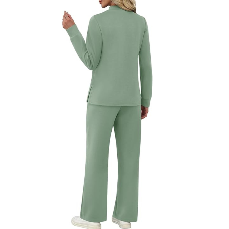 Two Piece Travel Ready Lounge Outfit With Long Sleeve Top And Loose Pants For Women