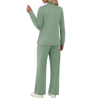 Two Piece Travel Ready Lounge Outfit With Long Sleeve Top And Loose Pants For Women