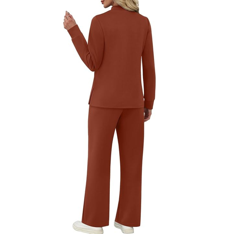 Two Piece Travel Ready Lounge Outfit With Long Sleeve Top And Loose Pants For Women