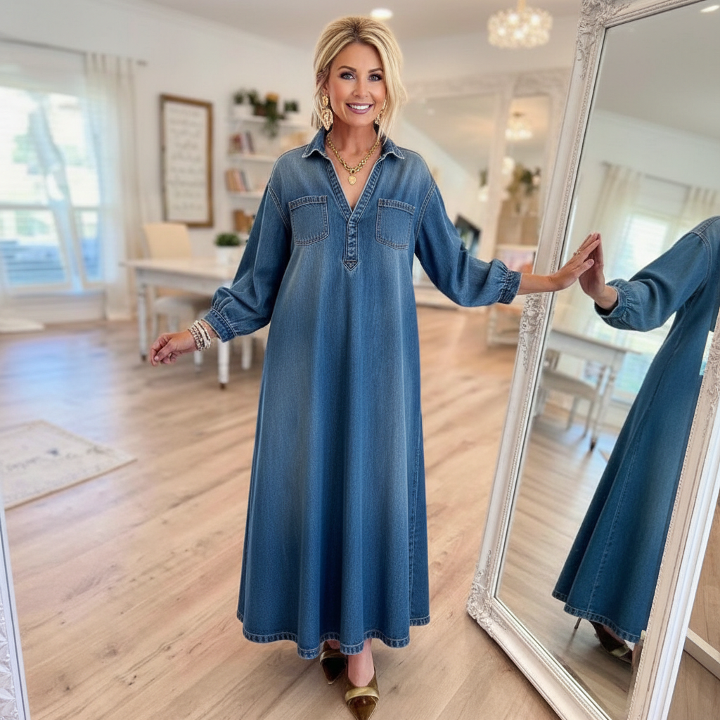 Long Sleeve Denim Maxi Dress For Women