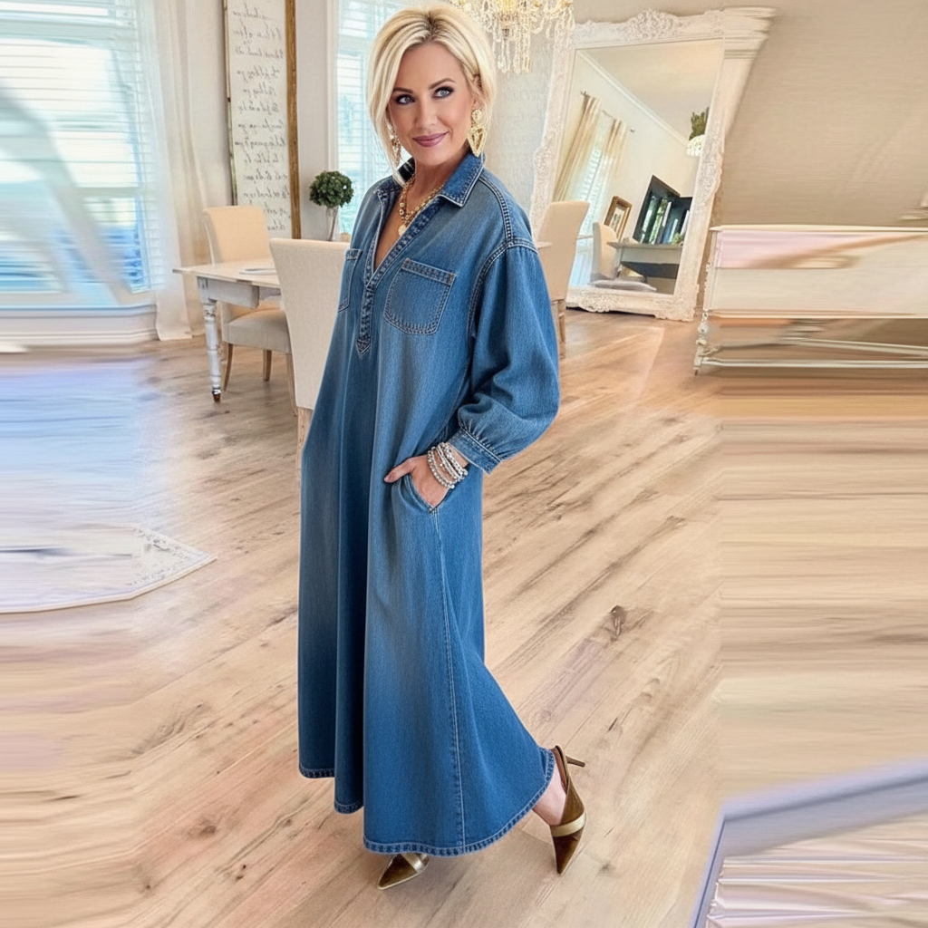 Long Sleeve Denim Maxi Dress For Women