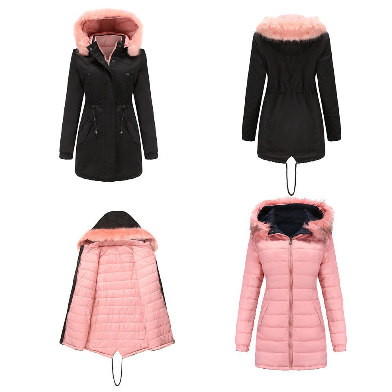 Winter Double Sided Fur Collar Quilted Coat Parkas