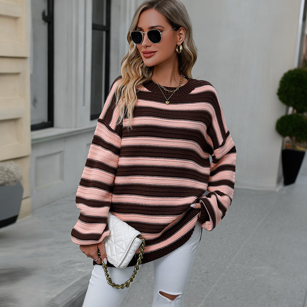 Winter Long Sleeve Striped Knitted Pullover Sweater