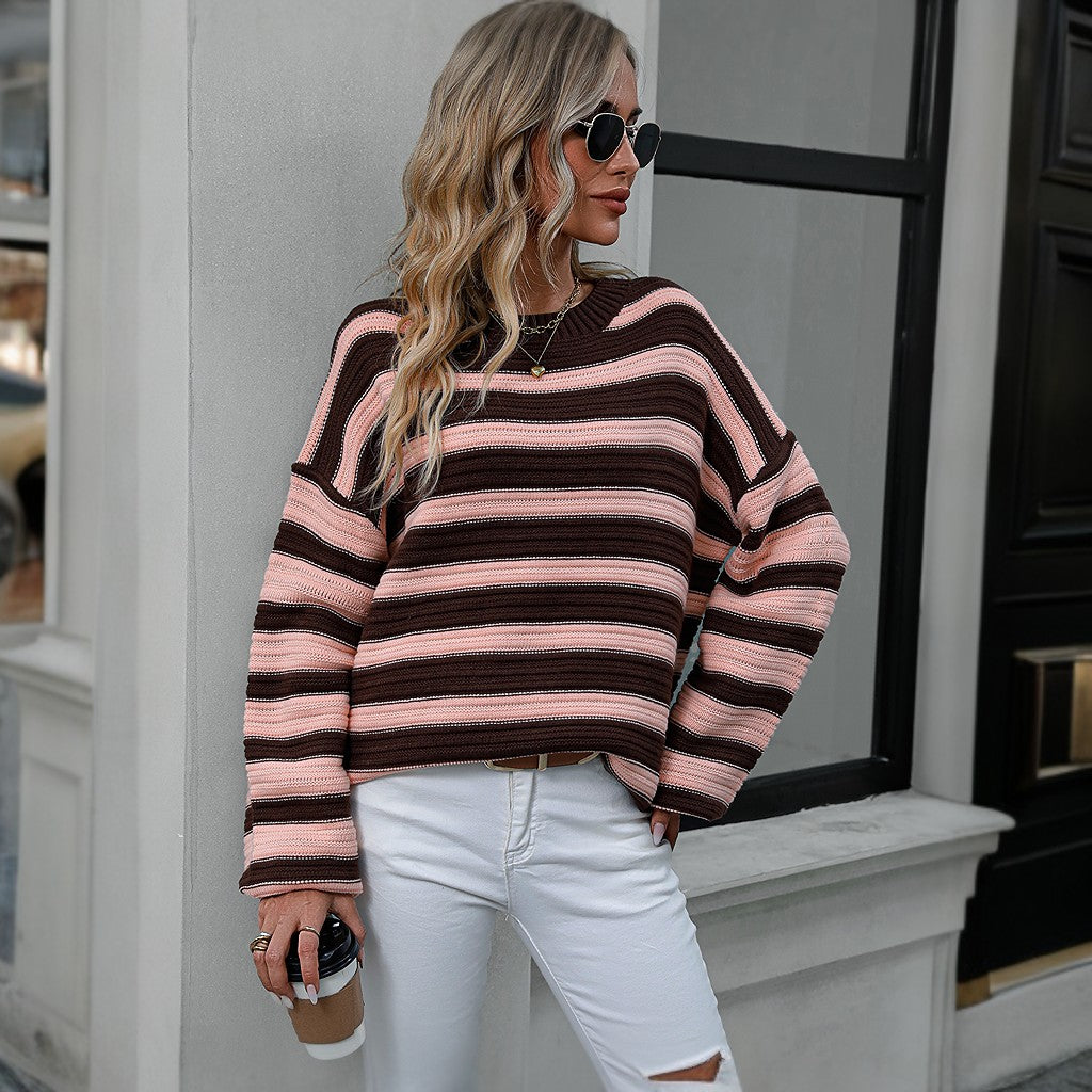 Winter Long Sleeve Striped Knitted Pullover Sweater