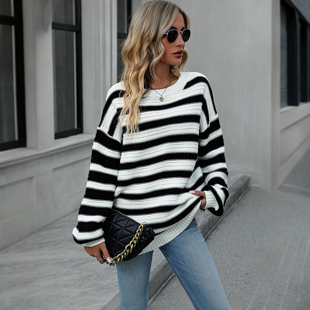 Winter Long Sleeve Striped Knitted Pullover Sweater