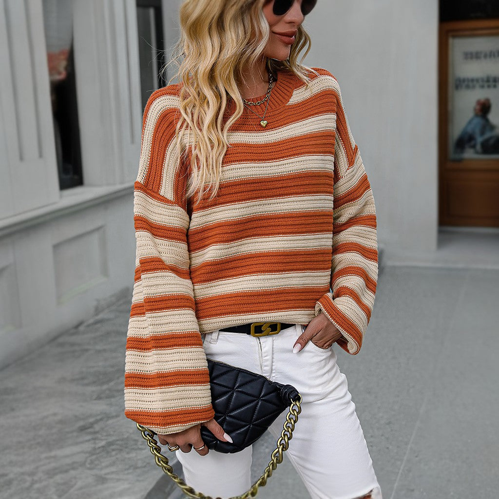 Winter Long Sleeve Striped Knitted Pullover Sweater