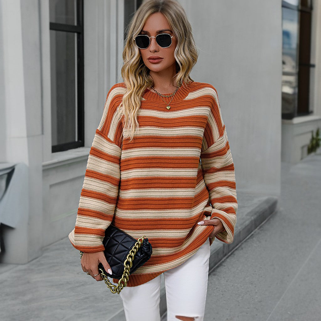 Winter Long Sleeve Striped Knitted Pullover Sweater