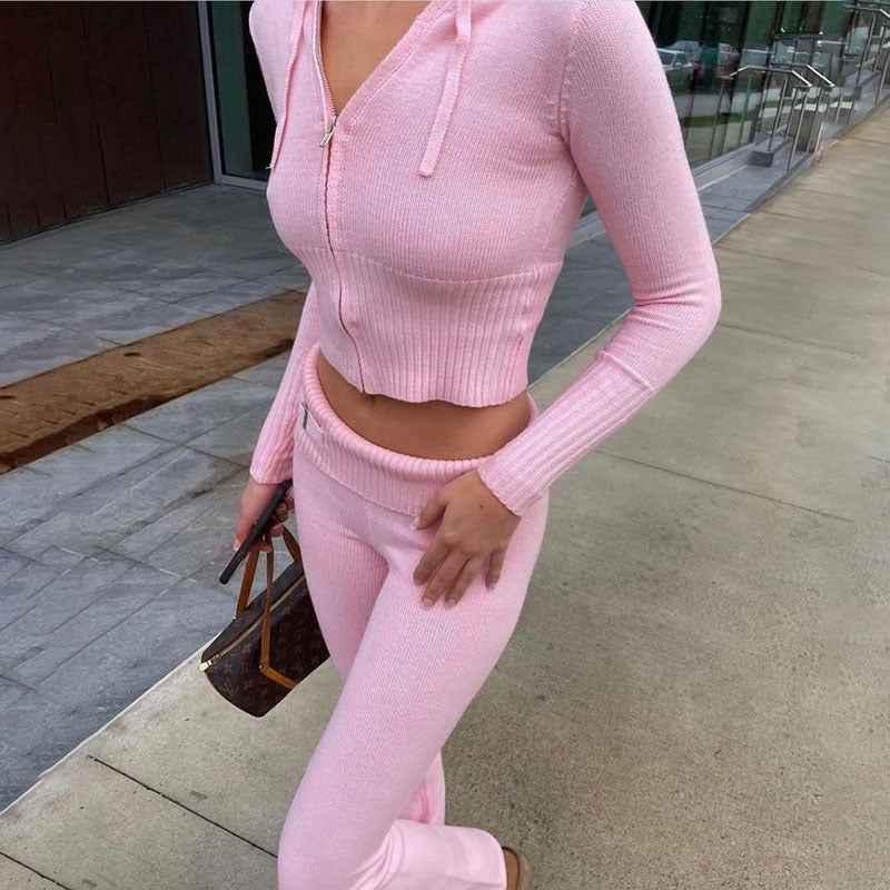 2 Pieces Zipper Hooded Sweater Top And Long Pants Set