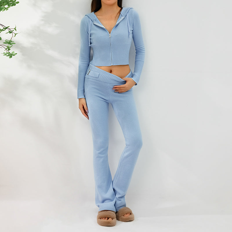 2 Pieces Zipper Hooded Sweater Top And Long Pants Set