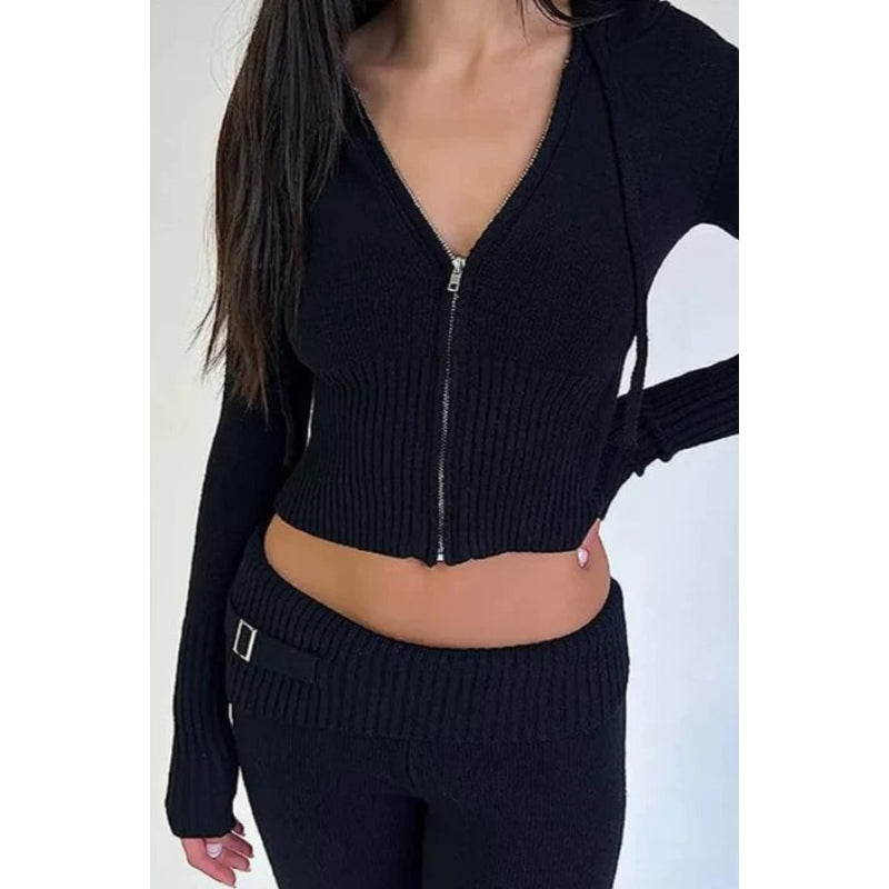 2 Pieces Zipper Hooded Sweater Top And Long Pants Set