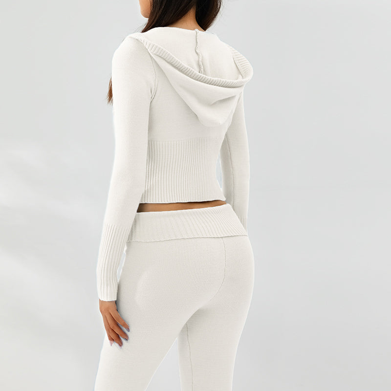 2 Pieces Zipper Hooded Sweater Top And Long Pants Set