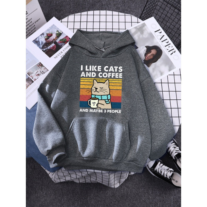 Kapuzenpullover mit Aufdruck „I Like Cats And Coffee“.