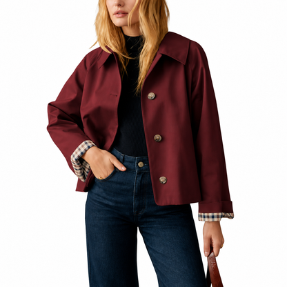 Casual Short Trench Jacket With Plaid Lining For Women