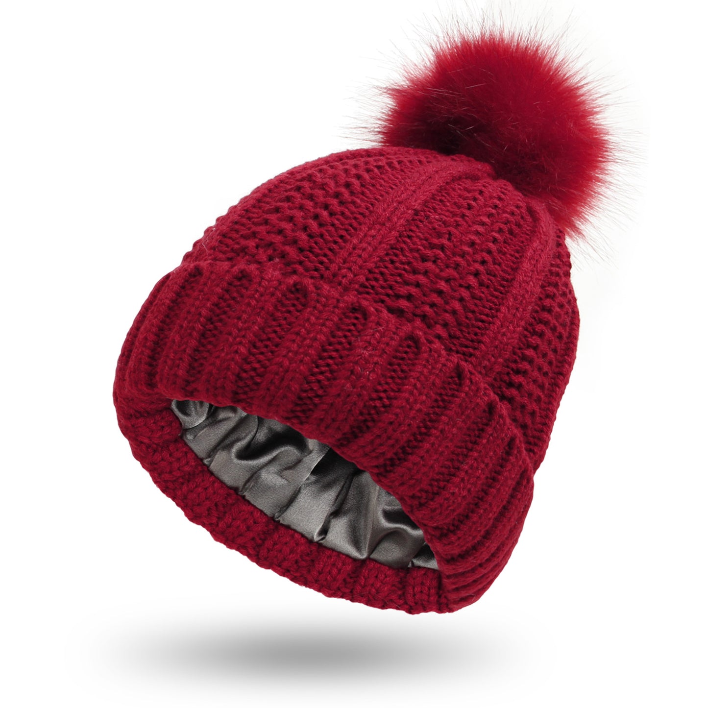 Fashionable Stretchy Lined Fur Pom Beanie Knit Hat