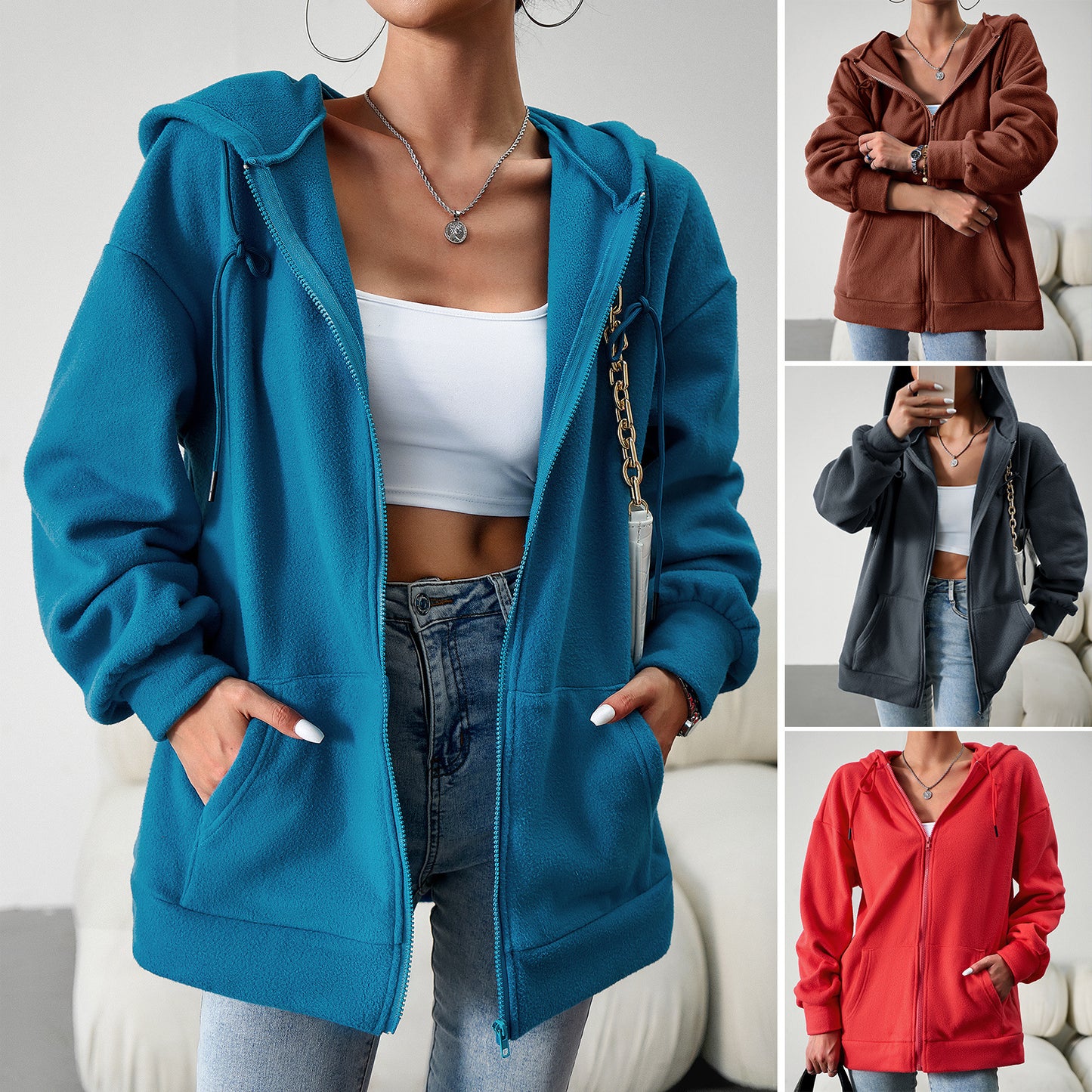 Veste cardigan ample à capuche et fermeture éclair décontractée