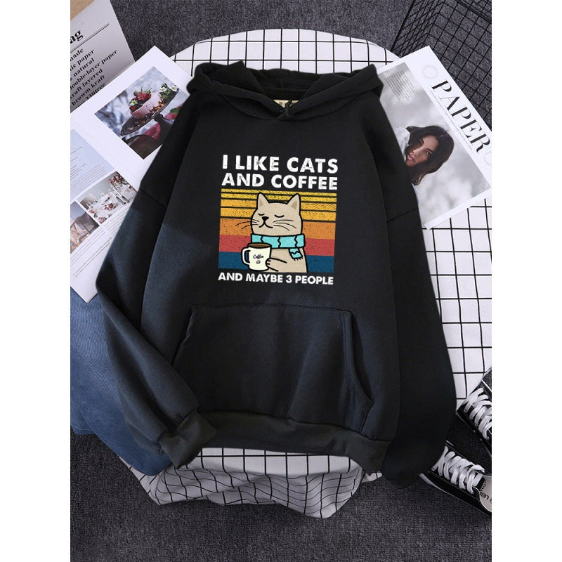 Kapuzenpullover mit Aufdruck „I Like Cats And Coffee“.