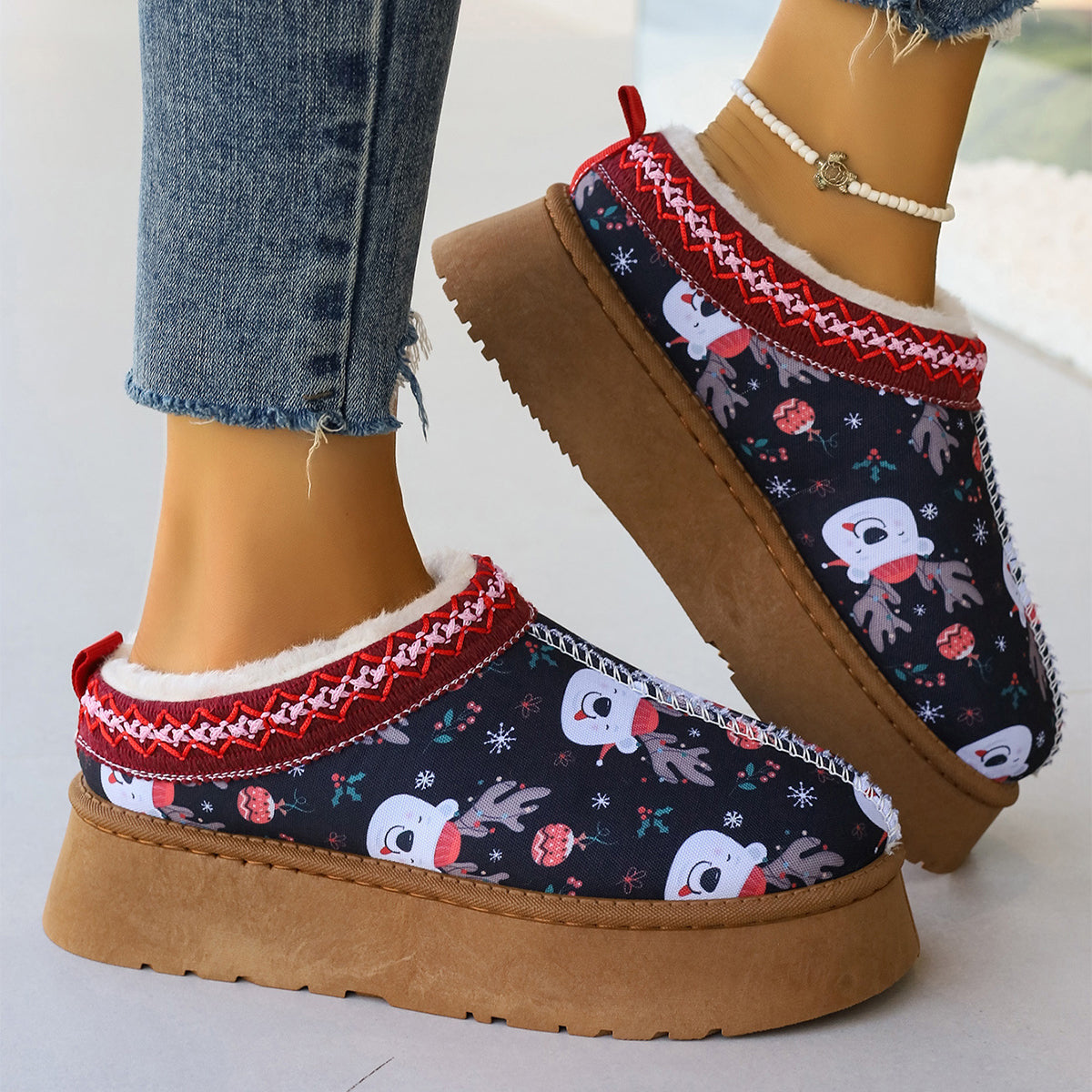 Christmas Cartoon Printed Plush Lined Shoes