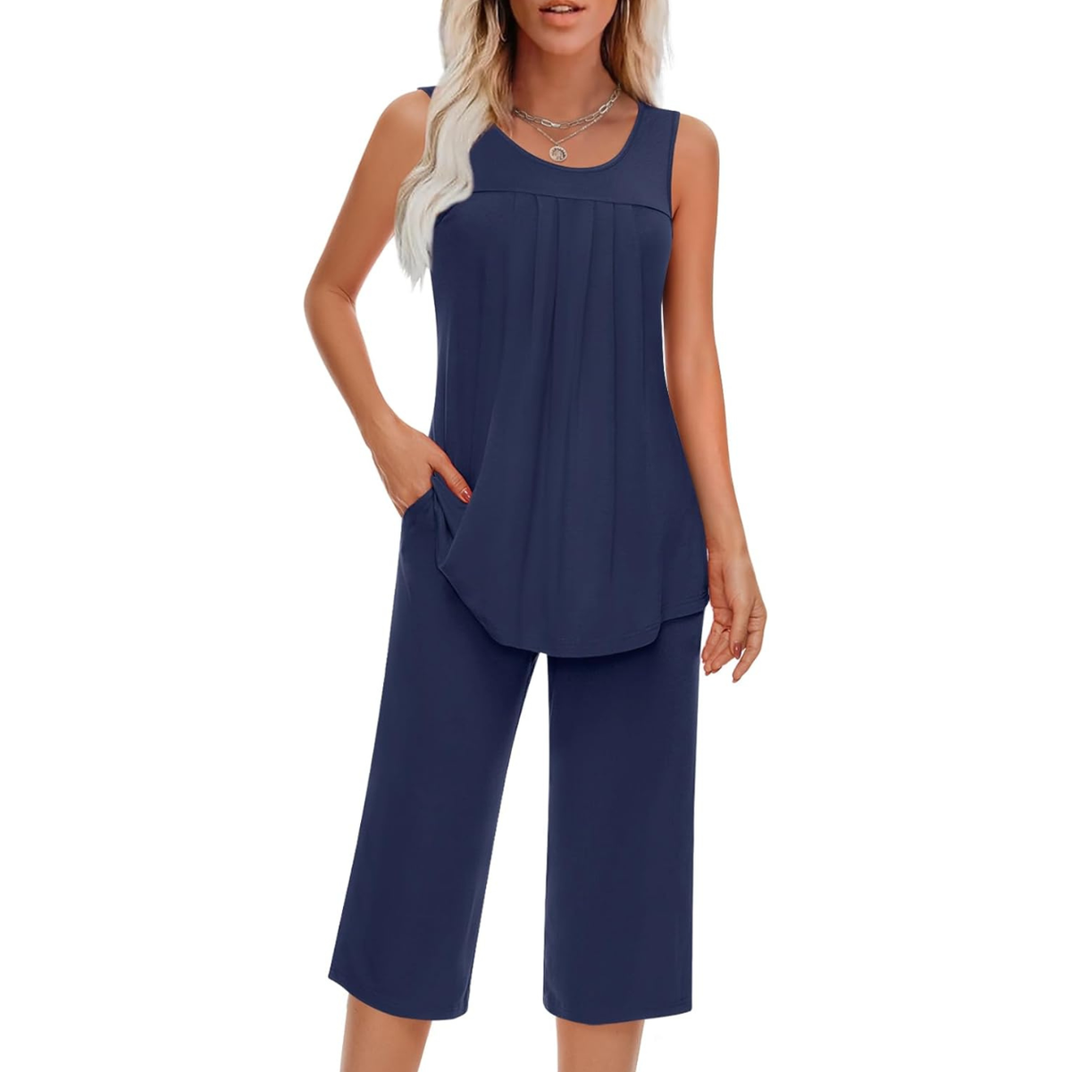 Two Piece Sleeveless Pajama Set With Tank Top And Pants With Pocket For Women