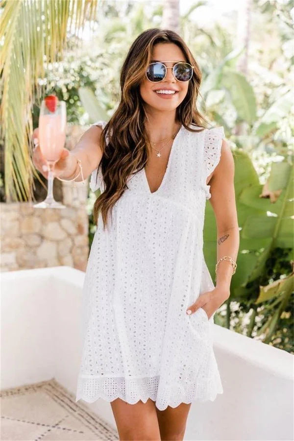 Women Summer Dress Casual Ruffle Sleeve Loose Mini Dress