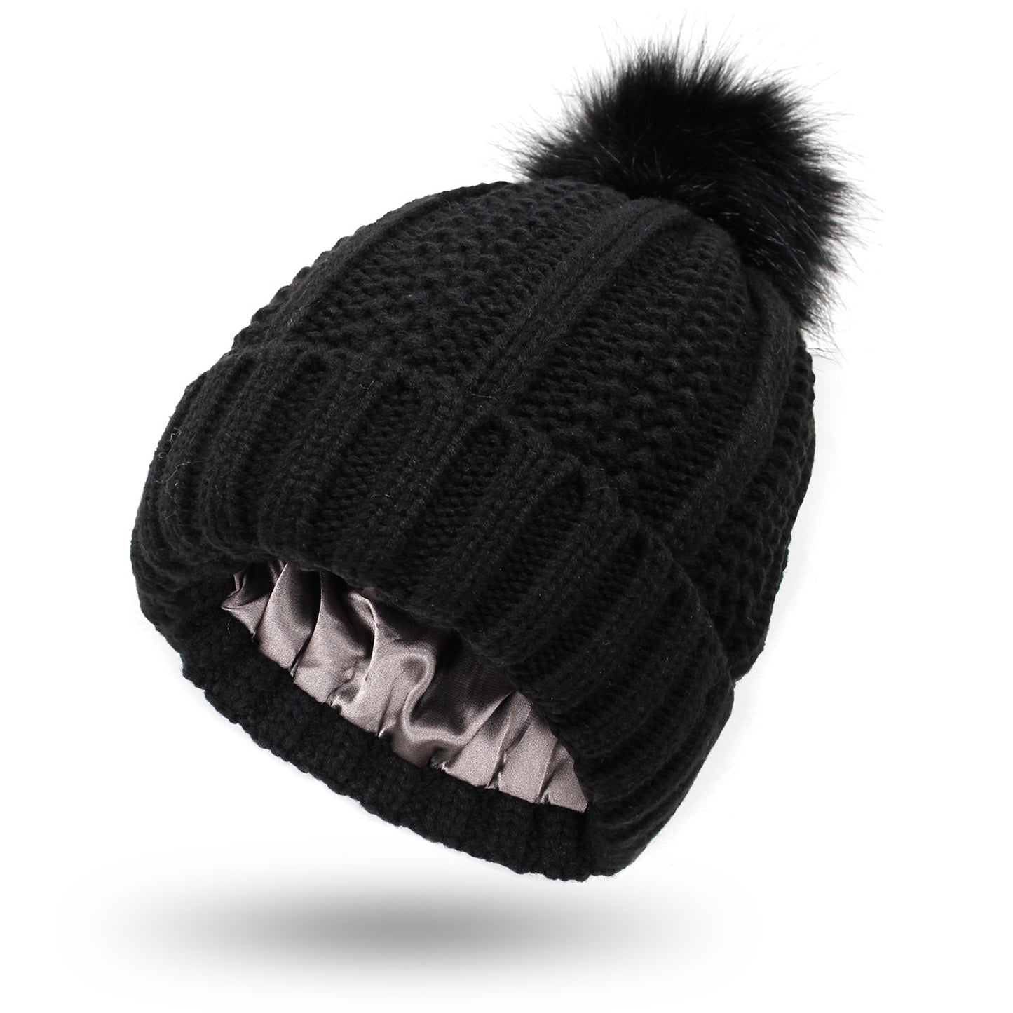 Fashionable Stretchy Lined Fur Pom Beanie Knit Hat