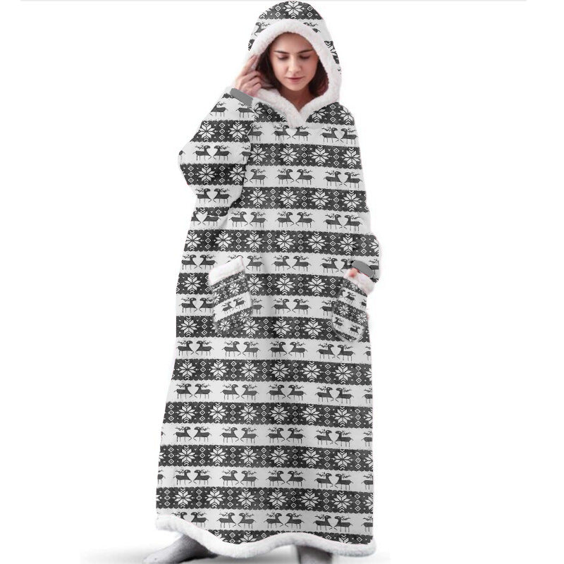 Festive Long Christmas Elk Printed Hooded Blanket