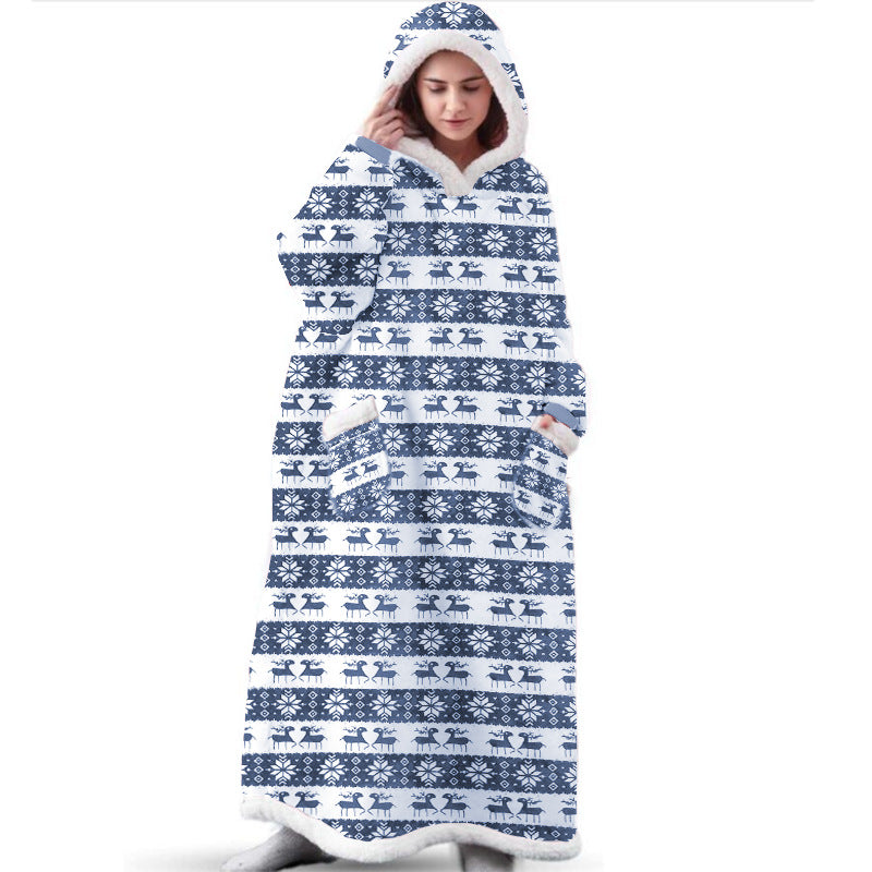 Festive Long Christmas Elk Printed Hooded Blanket