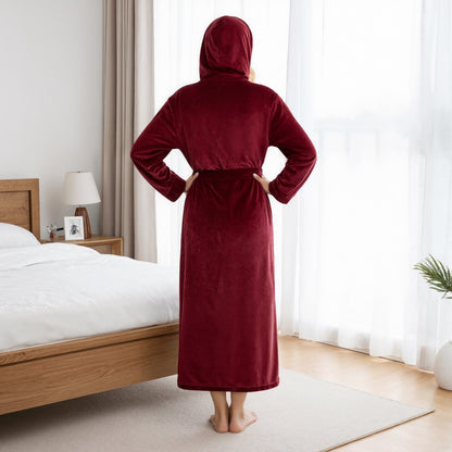 Hooded Plush Fleece Long Bath Robe With Belt And Pockets For Women