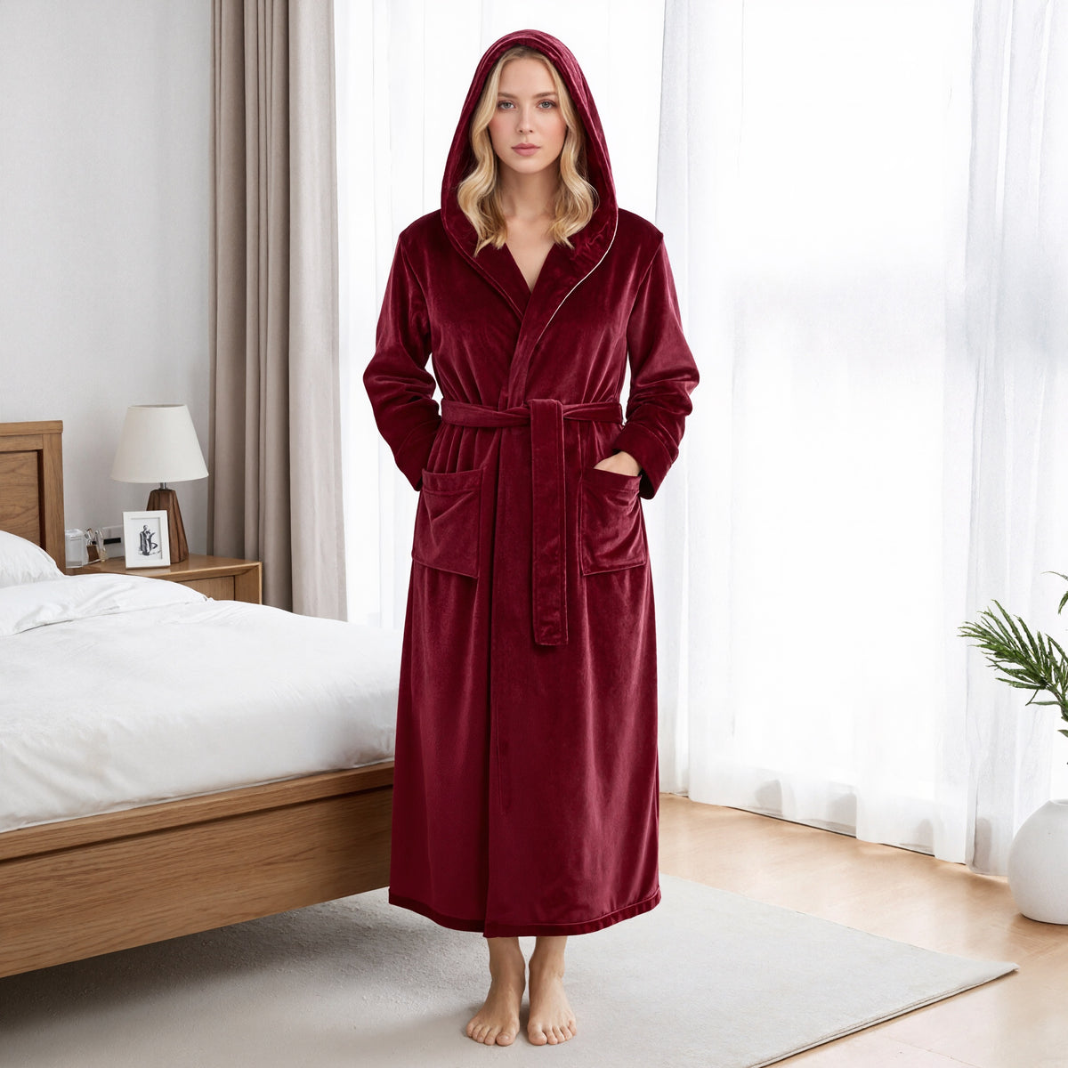 Hooded Plush Fleece Long Bath Robe With Belt And Pockets For Women