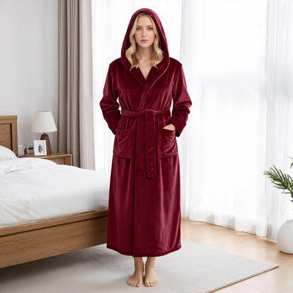 Hooded Plush Fleece Long Bath Robe With Belt And Pockets For Women