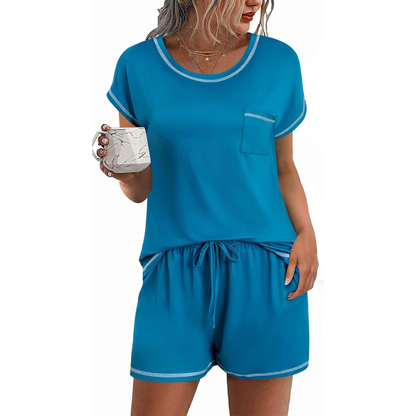 2 Piece Comfortable Pajama Set With Short Sleeve Top And Pocket Shorts For Women