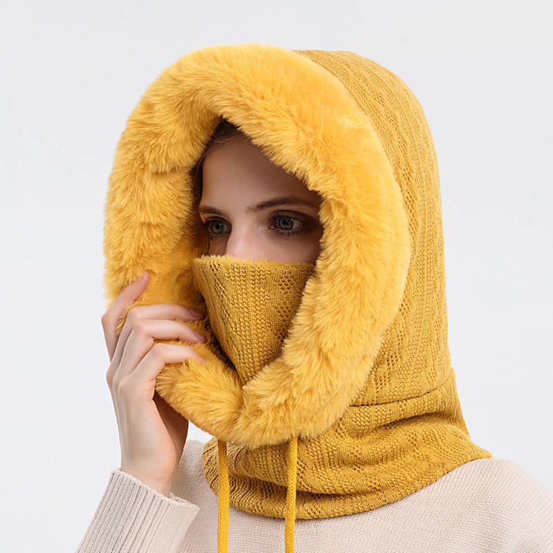 Thick Plush Knit Hooded Hat With Scarf