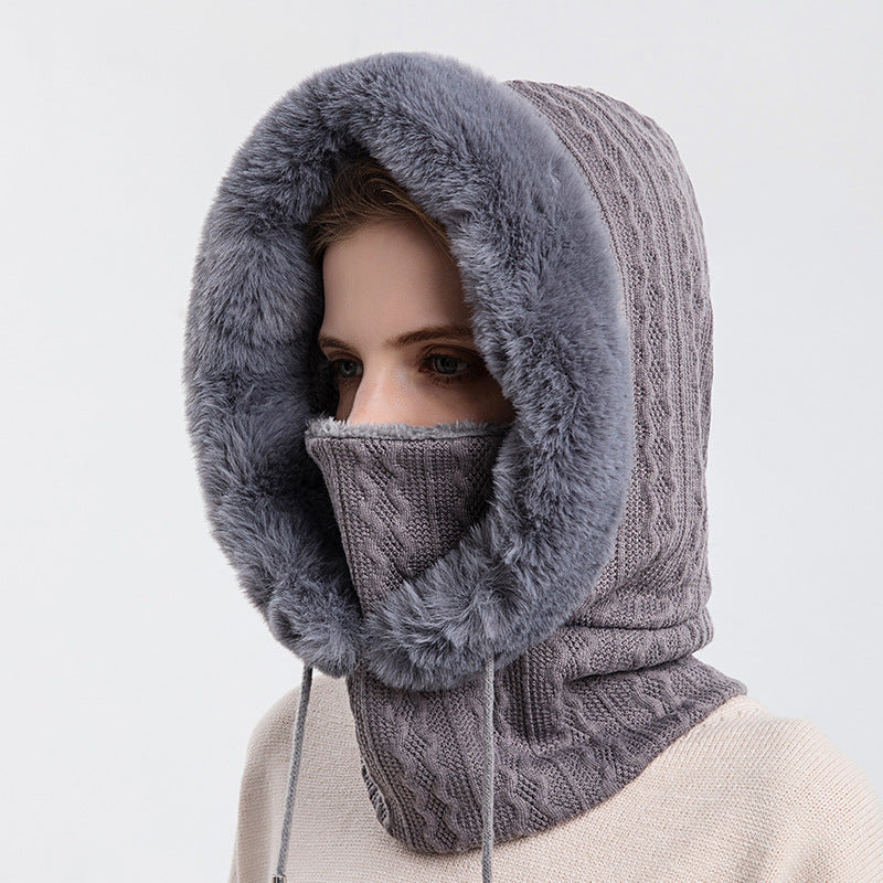 Thick Plush Knit Hooded Hat With Scarf