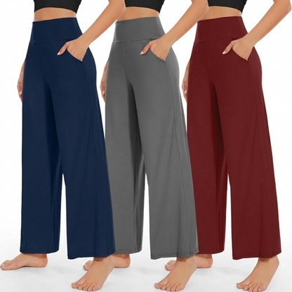 Pack Of 3 Wide Fit High Rise Pants With Pockets For Women