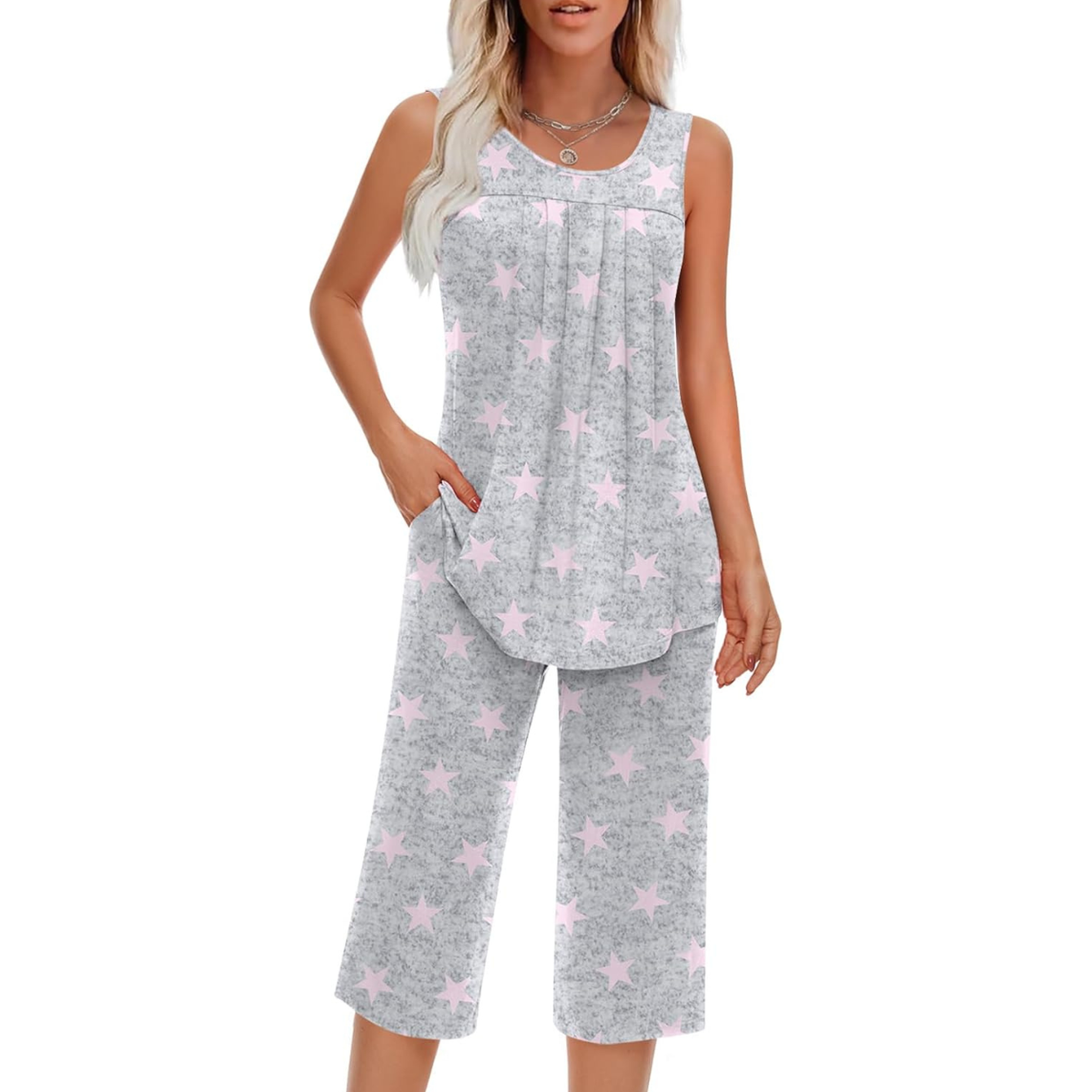 Two Piece Sleeveless Pajama Set With Tank Top And Pants With Pocket For Women
