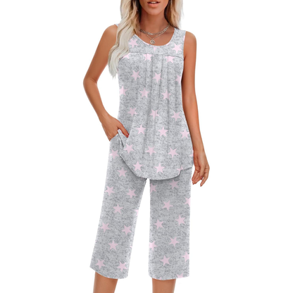Two Piece Sleeveless Pajama Set With Tank Top And Pants With Pocket For Women