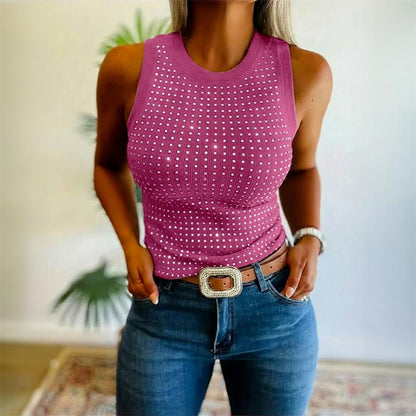 Rhinestone Detail Ribbed Sleeveless Slim Fit Tank Top For Women