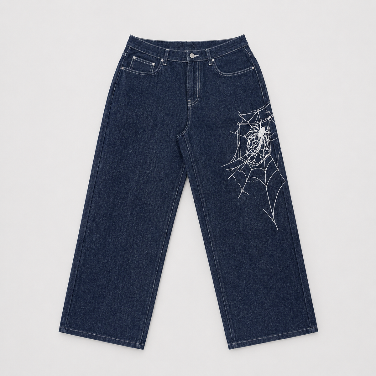 Loose Vintage Spider Web Embroidered Jeans For Men