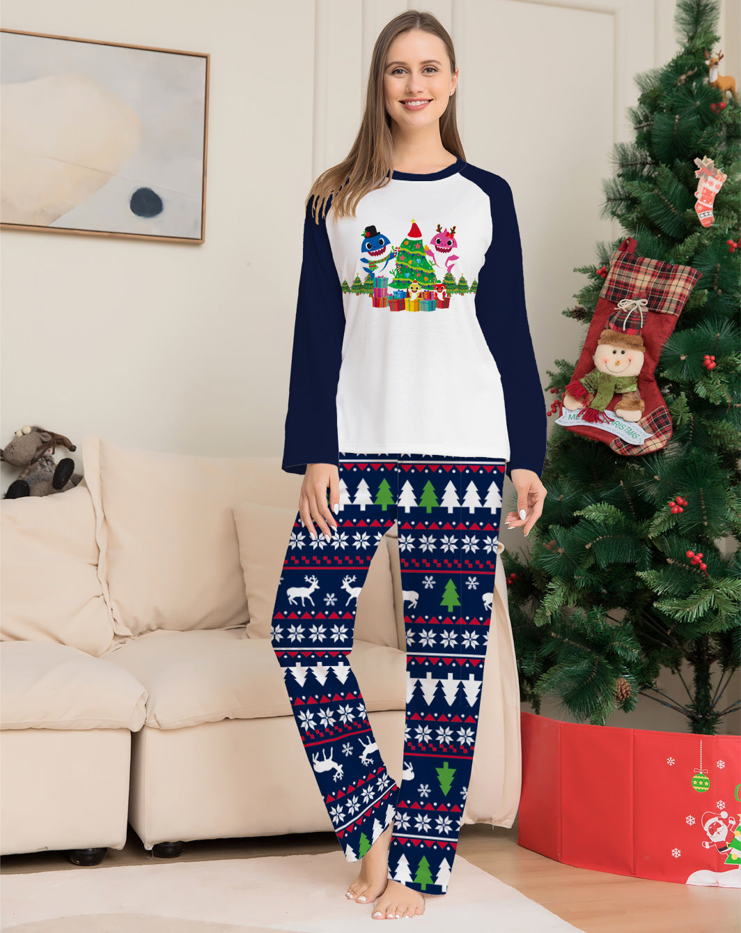 Cartoon Christmas Tree Printed Family Matching Pajamas Set