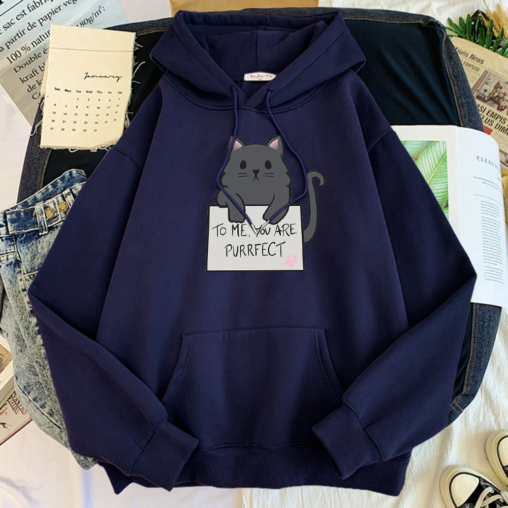 Lässiger Kapuzenpullover mit Katzentext-Aufdruck