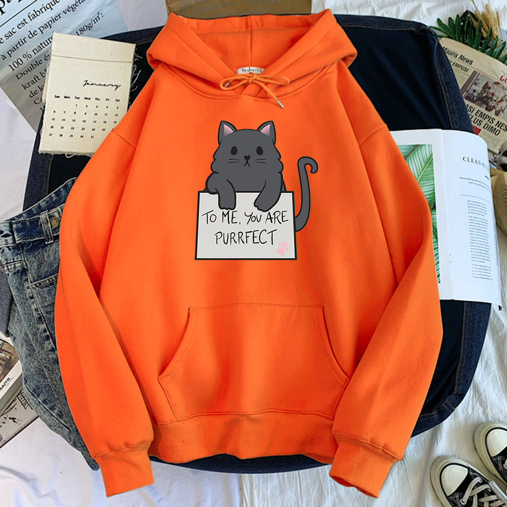 Casual Cat Text Printed Pullover Hoodie