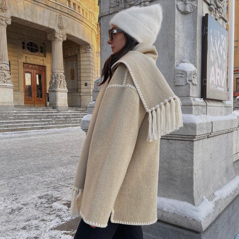 Fashionable Loose Thickened Woolen Jacket Coat With Scarf